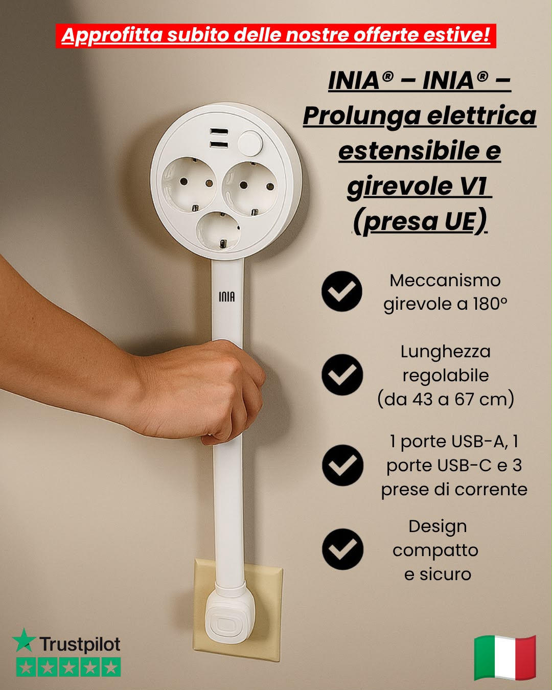 PresaFacile® – Prolunga elettrica estensibile e girevole V1 (presa UE)